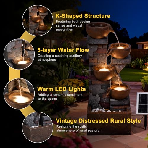 5 Tiers Solar Outdoor Water Fountain with LED Lights