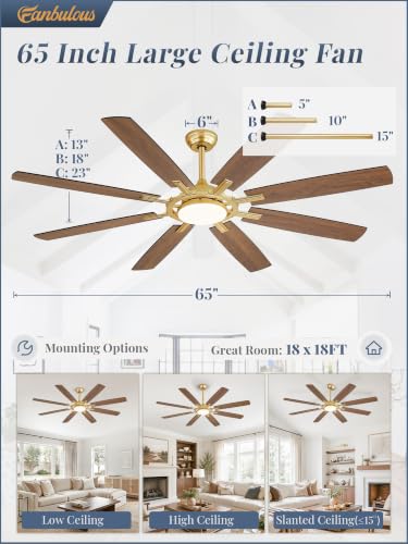 65 Inch Black Ceiling Fans with 3CCT Lights and Remote (Gold / 65")