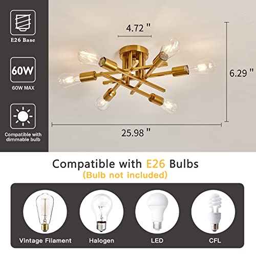 6 Lights Semi Flush Mount Ceiling Light Fixture Gold Modern Matte Sputnik Chandelier Vintage Ceiling Lamp Farmhouse for Kitchen Bedroom Dining Room Living Room with E26 Bulb Base