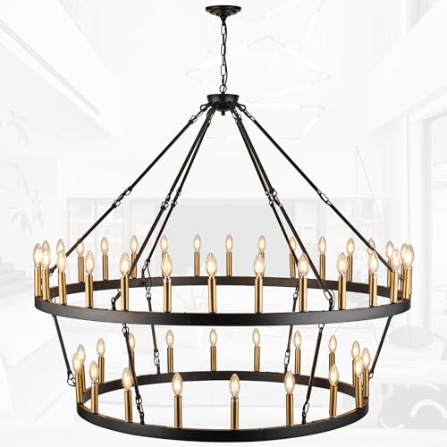 Rustic Farmhouse Wagon Wheel Chandelier Black+Brushed Brass Large Chandeliers for High Ceilings 2 Tier 48 Lights 55 Inch for Dining Room Living Room Foyer Porch Kitchen Island