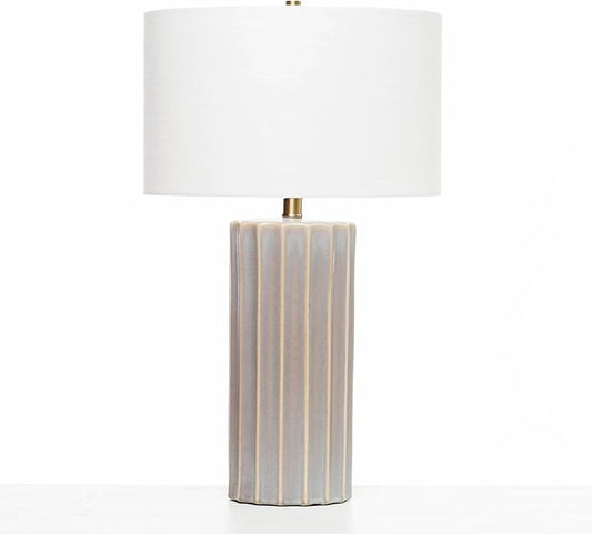 Lawrence & Scott Naomi Gray Porcelain Handmade Luxury Japandi Table Lamp for Living Room Bedroom Office with Custom Textured Linen Lampshade