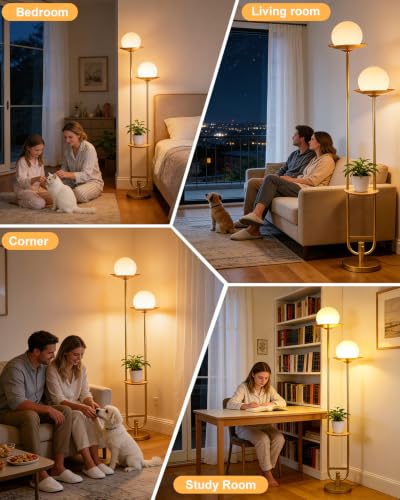 63IN Gold Floor Lamp 2 Globe Mid Century Standing Lamps Dimmable with 3000K Warm White LED Bulbs Unique Vintage Tall Floor Lamp for Living Room
