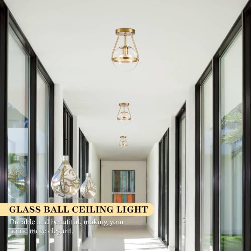 6" Globe Semi Flush Mount Ceiling Light Fixture Modern Gold Semi Flush Mount Ceiling Light Mid Century Ceiling Light with Clear Glass Shade Brass Finish for Hallway Bathroom Foyer