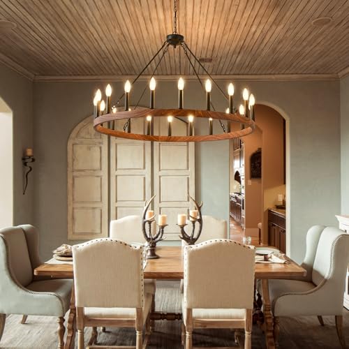 Wood Grain Wagon Wheel Chandelier 40" 20