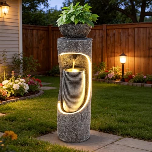 40" Outdoor Water Fountain with Birdfeeder and Innovative LED Strip