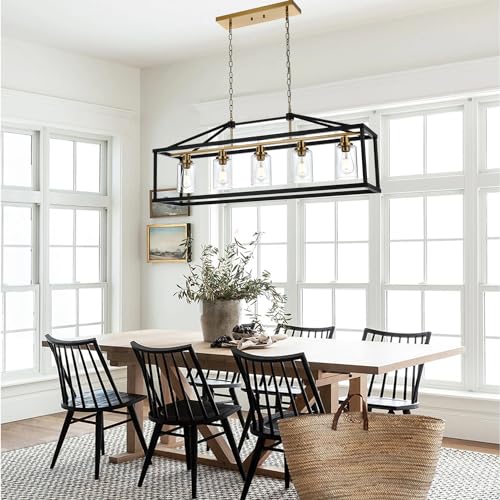 Rectangle 5 Lights Black Modern Dining Room Lighting Fixtures Hanging Over Table