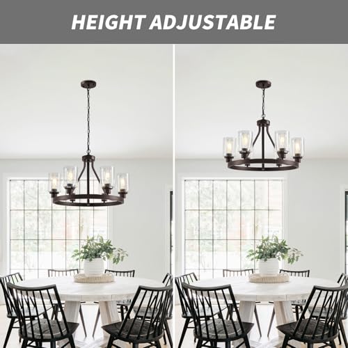 6 Light Farmhose Chandelier for Dining Room Light Fixture Oil Rubbed Bronze Kitchen Pendant Light Round Rustic Ceiling Hanging Lighting with Glass Globes Adjustable Height Metal E26