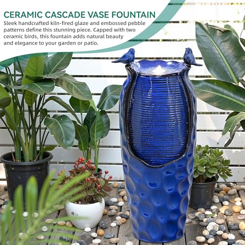 Autodaya 33" Vase Ceramic Outdoor Water Fountain with Lights and Birds