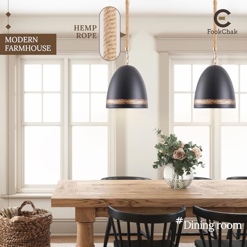 Farmhouse Pendant Light Black 10in Hemp Rope Boho Kitchen Island Lighting French Country Ceiling Pendant Light for Kitchen Sink Dining Room Entry Hallway