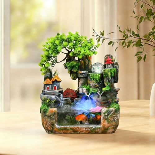 Upgraded Resin Tabletop Waterfall Fountain with LED Mist & DIY Rockery Landscape