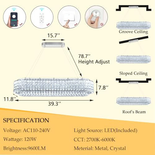 L40 x W12 Modern Chandeliers for Dining Room LED Dimmable Pendant Lighting Ceiling Chandelier Crystal Rectangle Light Fixtures Silver