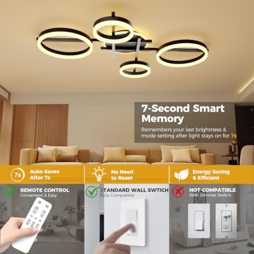 39.4" 5 Ring LED Dimmable Modern Ceiling Light Fixture (Black)