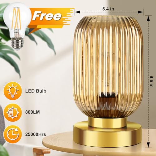 Mid Century Modern Table Lamp with Amber Ribbed Glass Shade