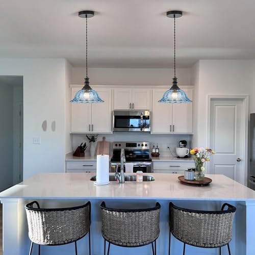 Glass Pendant Lights Modern Pendant Lighting Fixtures Hanging Lamp for Kitchen Island Bedroom Dining Room Coffee Shop Hallway Blue and Black 2 Pack (2 Count)