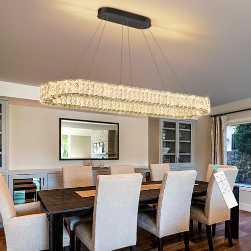 Modern Oval Chandelier Rectangular K9 Crystal Chandeliers for Dining Room Dimmable LED Light Fixture with Remote for Living Room Kitchen Light Black