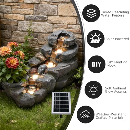 5 Tier Solar Water Fountain Outdoor Rock Waterfall Fountains
