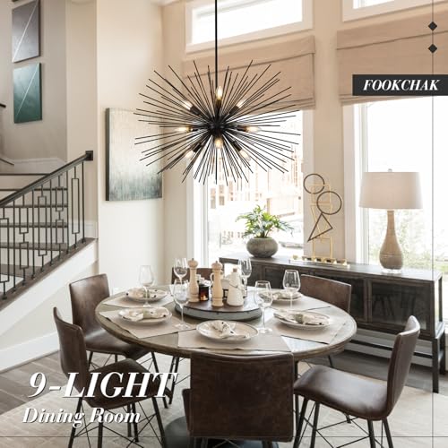 32in Black Sputnik Chandelier Solid Metal Starburst Light Fixture 9 Light