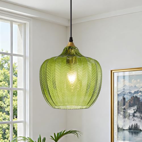 Green Glass Pendant Lights Kitchen Island Gold Hanging Ceiling Light 9.45"