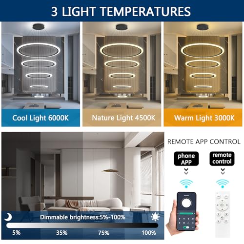 Modern LED Dimmable Chandelier 5 Ring High Ceiling Large Chandelier for Living Room Hanging Light Fixture for Foyer Staircase Black