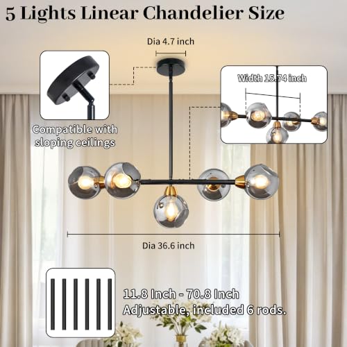 Black and Gold Linear Chandelier 5 Lights Sputnik Pendant Light 36.6 Inch