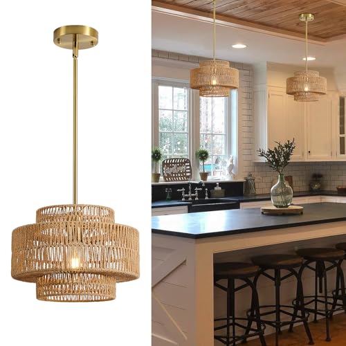 12.4" Rattan Pendant Light for Kitchen Island