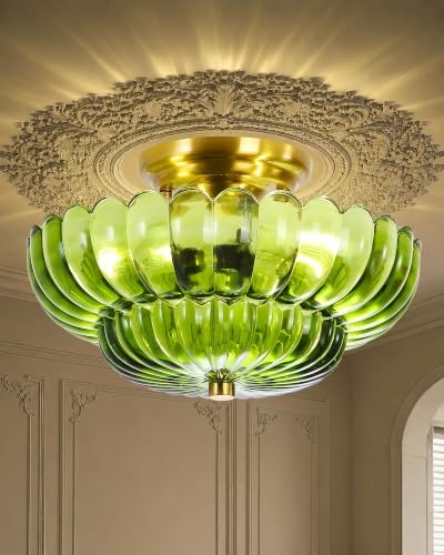 Semi Flush Mount Ceiling Light Fixture 11.8" Vinatge Gold Ceiling Lights Mid Century Modern Green Glass Close to Ceiling Lighting Fixtures for Bedroom Hallway Foyer Bathroom Kitchen Entryway (3 Count)