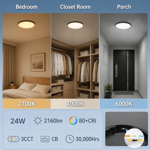 6pack 12in 24W 3CCT Low Profile LED Flush Mount Ceiling Light (Black)