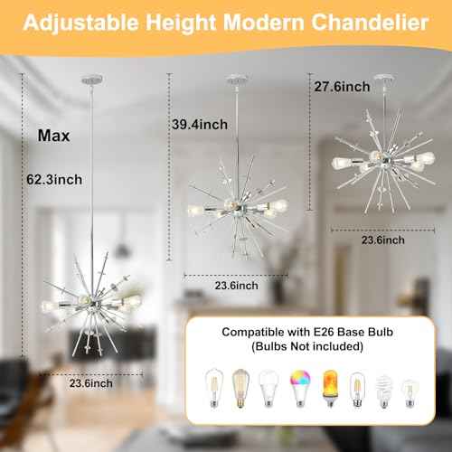 Modern Chandelier Ceiling Light Fixture, 5-Light Mid Century Chandeliers, 23.6" Classic Contemporary Sputnik Chandelier for Dining Room Kitchen Hallway Foyer and Bedroom(Chrome)