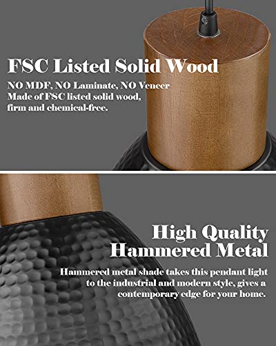 3 Pack Hammered Pendant Lights for Kitchen Island 7” Small Metal Solid Wood Hanging Light Fixtures Adjustable Height Farmhouse Pendant Lighting for Dining Room Bedroom Bar Office (3 Count)