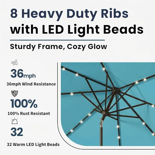 10FT Solar Umbrella 32 LED Lighted Patio Umbrella Table Market Umbrella w