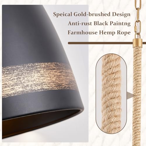 Farmhouse Pendant Light Black 10in Hemp Rope Boho Kitchen Island Lighting French Country Ceiling Pendant Light for Kitchen Sink Dining Room Entry Hallway