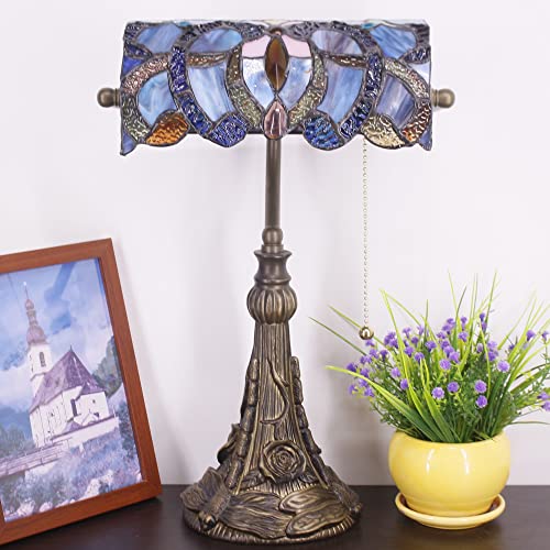 Tiffany Banker Lamp Small Stained Glass Table Lamp Blue Purple Cloudy