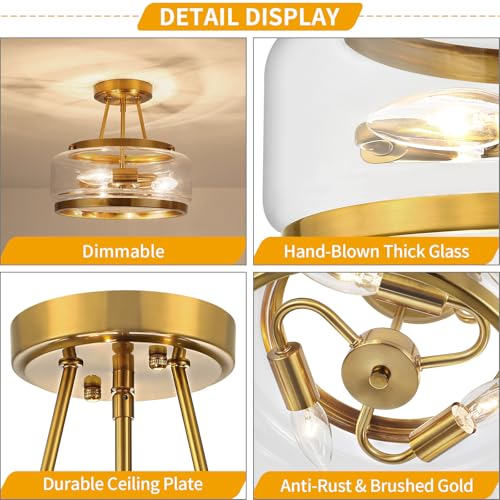 Gold Semi Flush Mount Ceiling Light Modern Glass Drum Ceiling Light Fixture