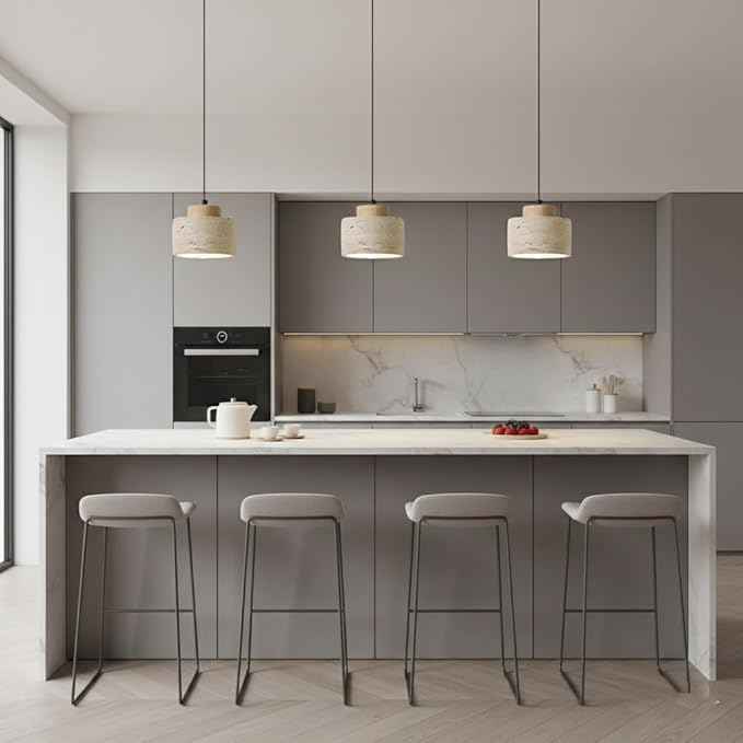 Set of 3 Japanese Travertine Hanging Lamps, Cylinder Natural Stone Pendant Lights Kitchen Island Adjustable Small Chandelier for Dining Room Bedside(Wood,12cm/4.72in)