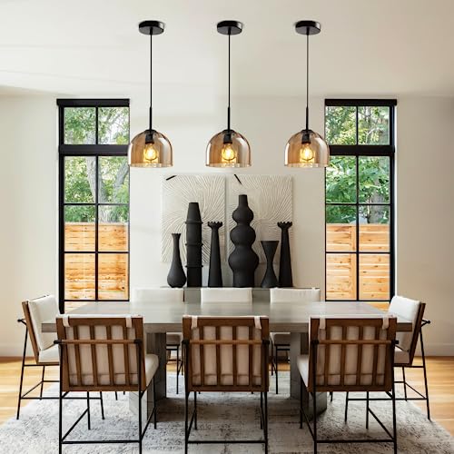 Amber Ribbed Glass Pendant Light Kitchen Island 7.8Inch Black Hanging Lamp