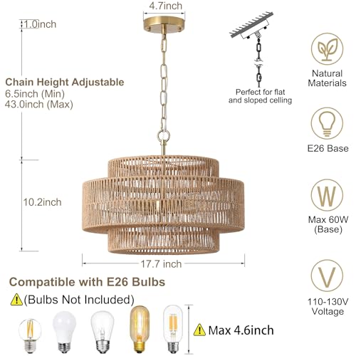 17.7"Large Boho Rattan Farmhouse Chandeliers for Dining Room