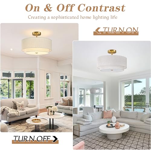 16 Inch 3 Light Semi Flush Mount Ceiling Light Fixture Modern 2 Pack Gold Drum Ceiling Light Fixture with 2 (2 Count)