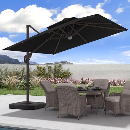 9x9 FT Cantilever Offset Patio Umbrella with Lights & Base