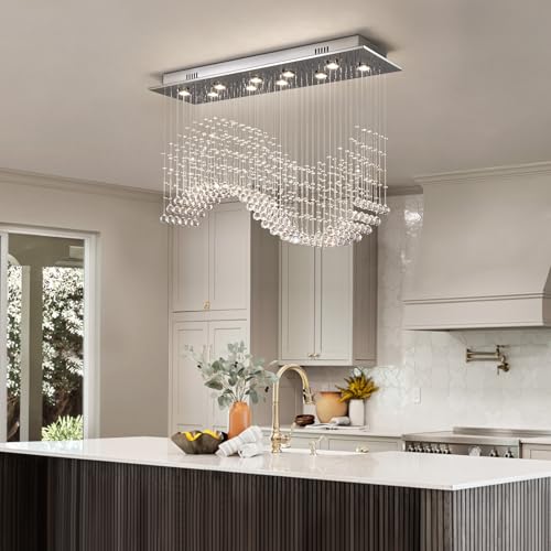 Modern Wave Crystal Chandelier for Dining Room 10 Lights Luxury Rectangular Flush Mount Crystal Ceiling Light for Living Room Kitchen Island Length 40 Inch