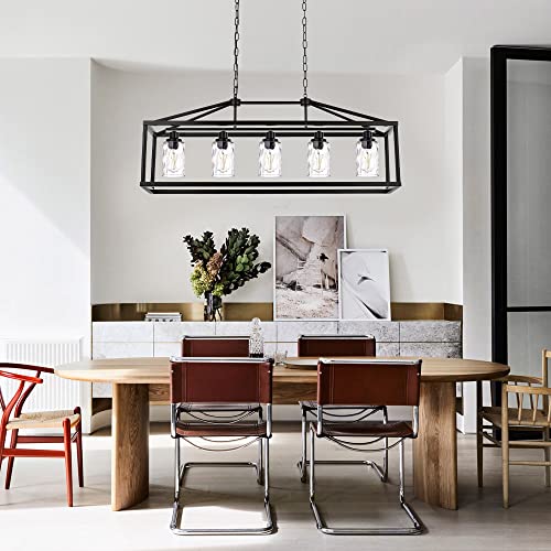 Black Farmhouse Chandeliers Rectangle 5 Light Modern Kitchen Island Pendant Light with Clear Water Glass Industrial Linear Dining Room Lighting Fixture Hanging Flush Mount Ceiling Lights