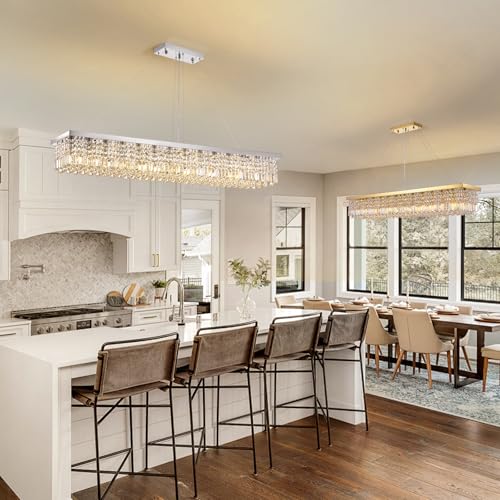 Rectangle K9 Crystal Chandelier Modern Rectangular Pendant Light Fixture for Dining Room Kitchen Island Chrome L59'' x W10'' x H9''