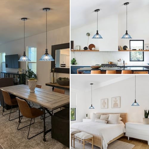 Glass Pendant Lights Modern Pendant Lighting Fixtures Hanging Lamp for Kitchen Island Bedroom Dining Room Coffee Shop Hallway Blue and Black 2 Pack (2 Count)