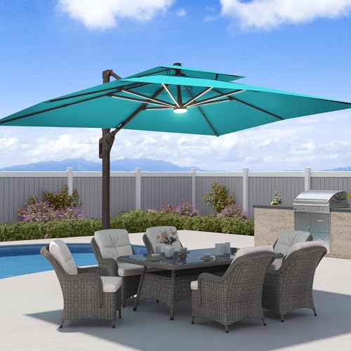 9x12 FT Patio Cantilever Outdoor Umbrella with Base and LED Lights