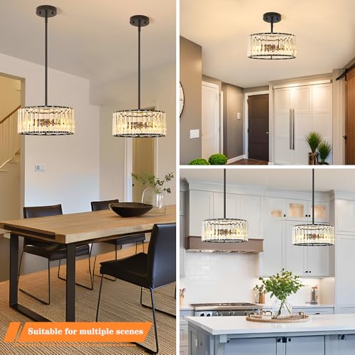 Black 3 Light Crystal Chandelier, Modern Dining Room Light Fixture over Table, Round Kitchen Lighting Fixture, Farmhouse Semi Flush Mount Ceiling Pendant Light for Living Room Bedroom Hallway Entryway