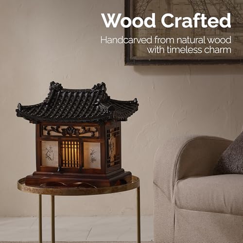 Carved Wood Table Lamp Handmade Traditional Korean House Pavilion Pagoda Design Art Deco Lantern Brown Asian Oriental Bedside Bedroom Lamp Accent Unusual Light