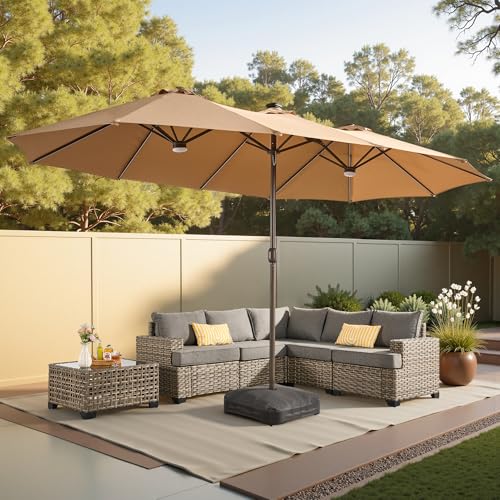 15ft Large Patio Umbrellas with Base & Solar Lights