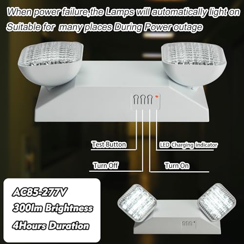 Plug in Emergency Lights for Business Home Power Failure 4Hours 300lm LED Commercial Emergency Light Fixtures with Battery Backup Rechargeable Adjustable Two Heads AC85
