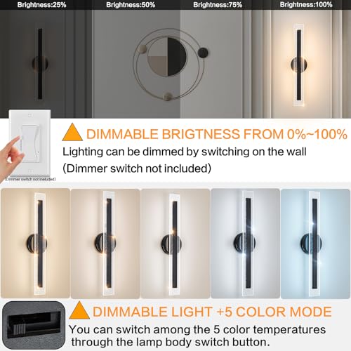 Modern Black Wall Scones Hardwired Wall Lamps LED Dimmable Wall Lighting for Living Room Bedroom Bathroom Stairs Hallway 22.8In