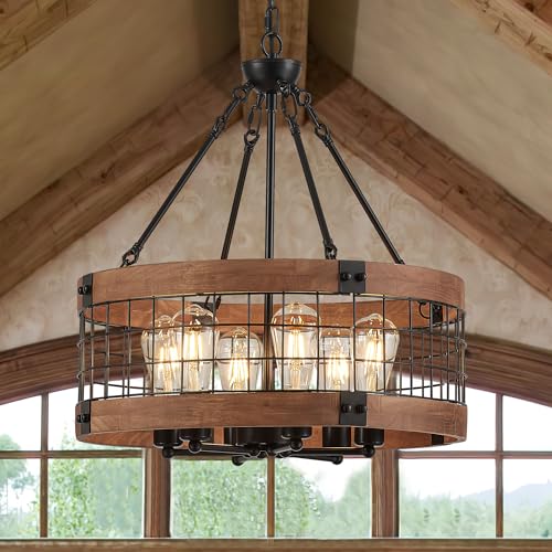 6 Light Farmhouse Drum Wood Pendant Light (6 Count)