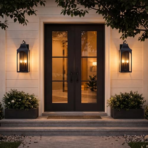 22-Inch 3-Light Outdoor Porch Wall Lantern, Black Exterior Light (2 Count)